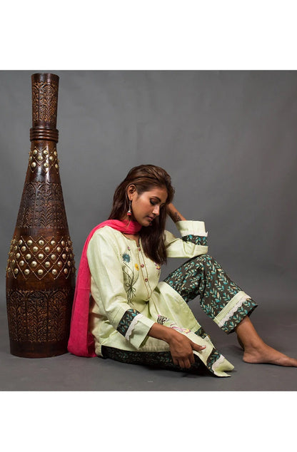 Pista and Brown Color Cotton Suit Set Embroidery - Pista Palette