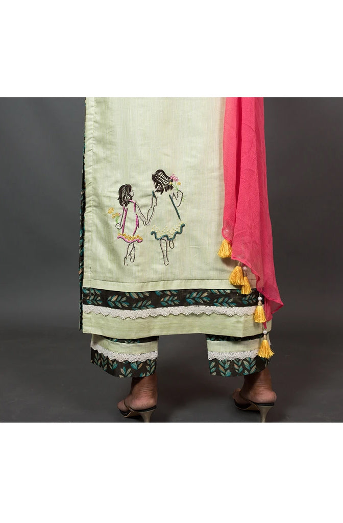 Pista and Brown Color Cotton Suit Set Embroidery - Pista Palette