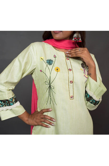 Pista and Brown Color Cotton Suit Set Embroidery - Pista Palette