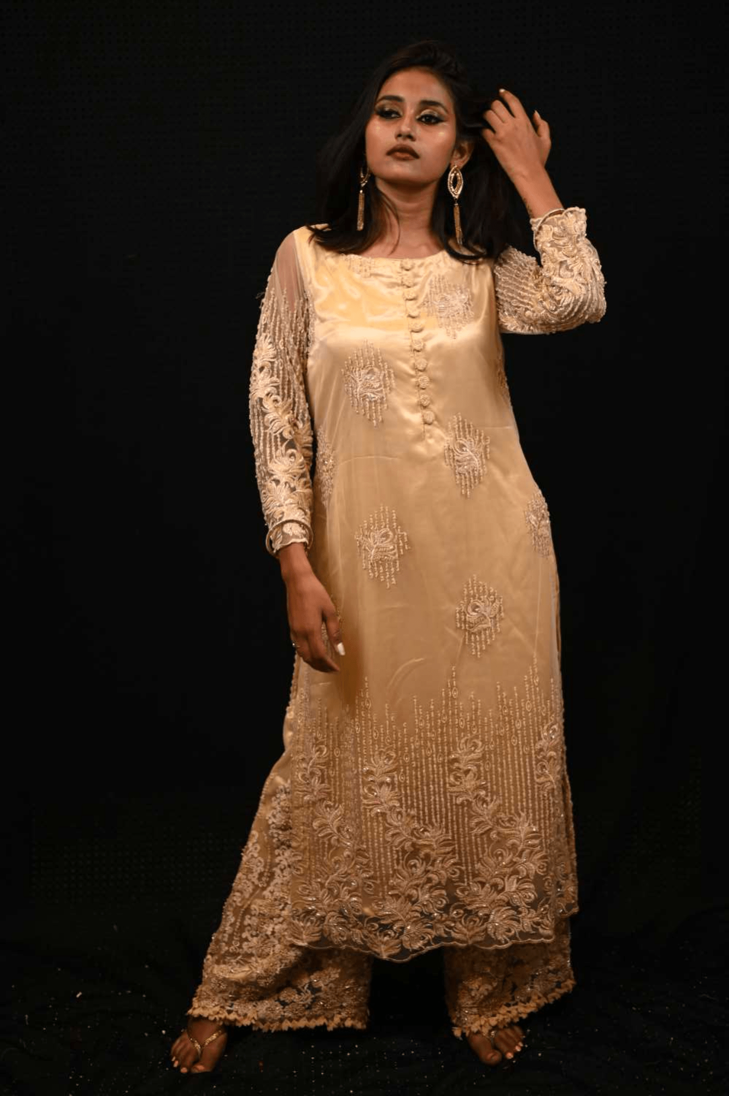 Beige Color Designer Embroidered Satan Suit Set - Abalone - Naksheband