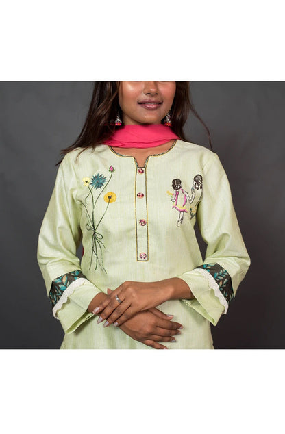 Pista and Brown Color Cotton Suit Set Embroidery - Pista Palette