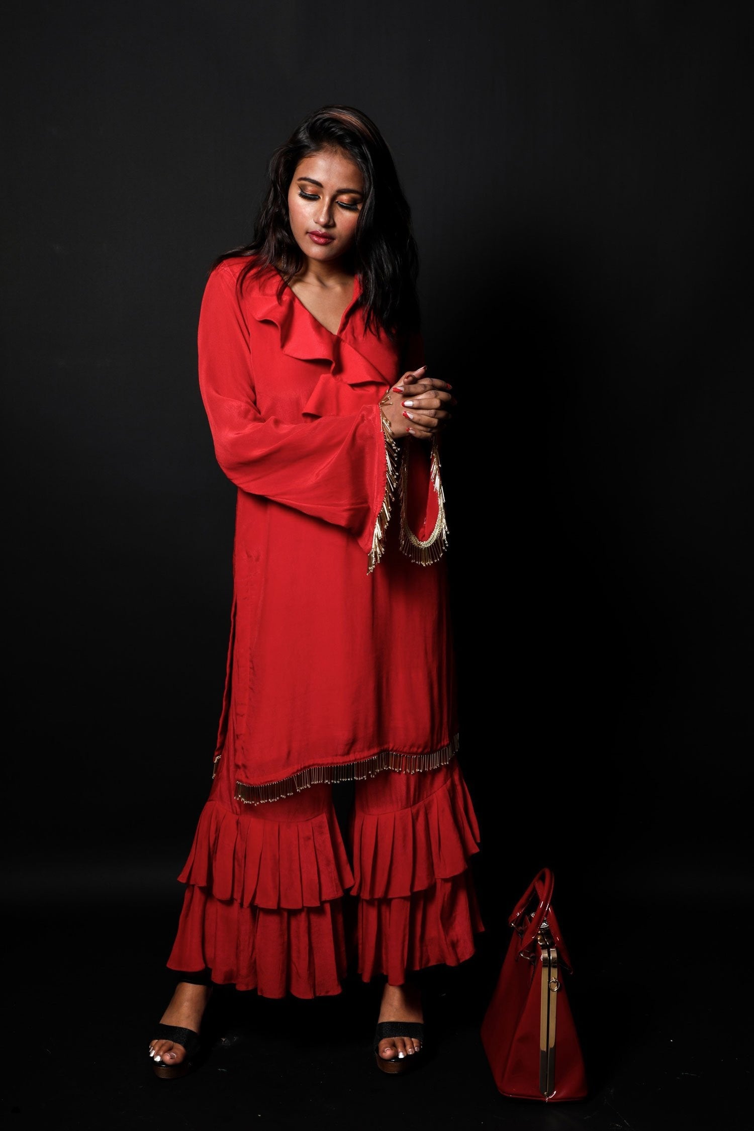 Bloody Red Color Indowestern Designer Crepe Suit Set - Antique Red - Naksheband