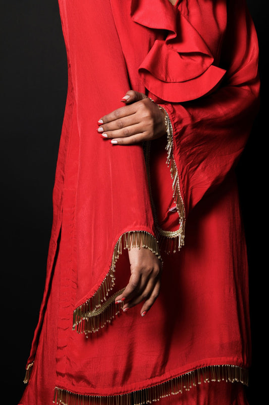Bloody Red Color Indowestern Designer Crepe Suit Set - Antique Red - Naksheband
