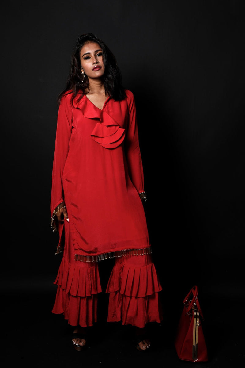 Bloody Red Color Indowestern Designer Crepe Suit Set - Antique Red - Naksheband