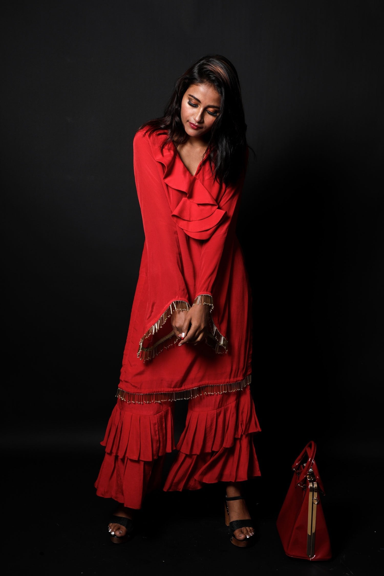 Bloody Red Color Indowestern Designer Crepe Suit Set - Antique Red - Naksheband