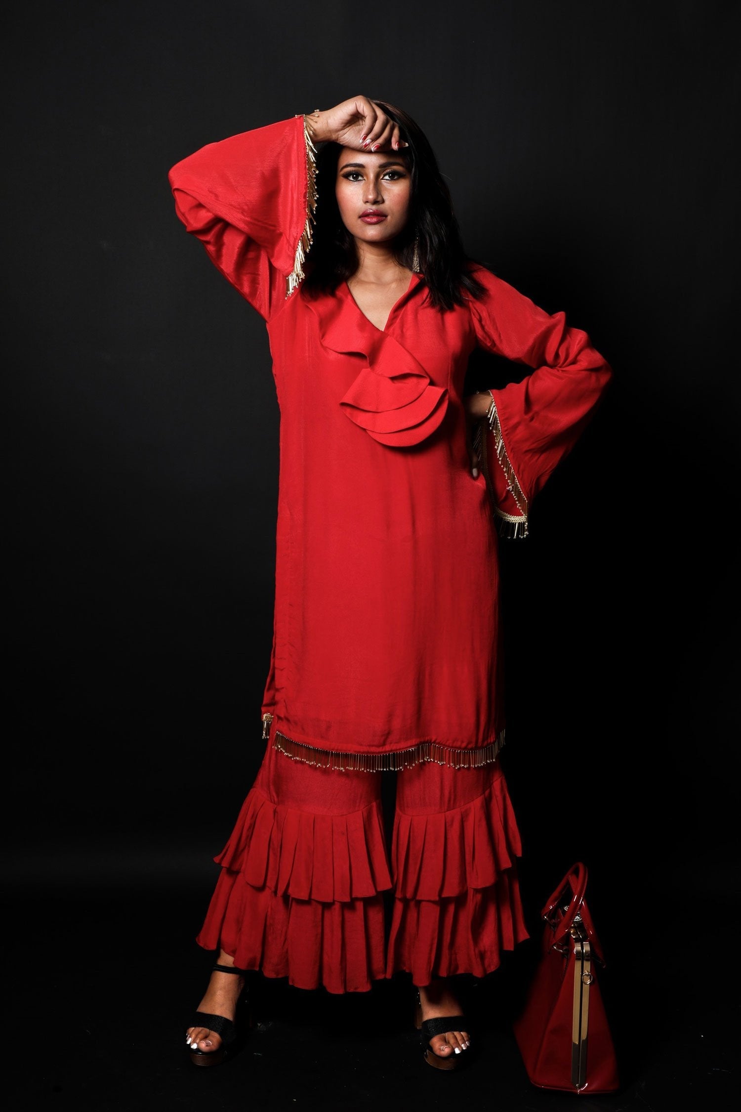 Bloody Red Color Indowestern Designer Crepe Suit Set - Antique Red - Naksheband