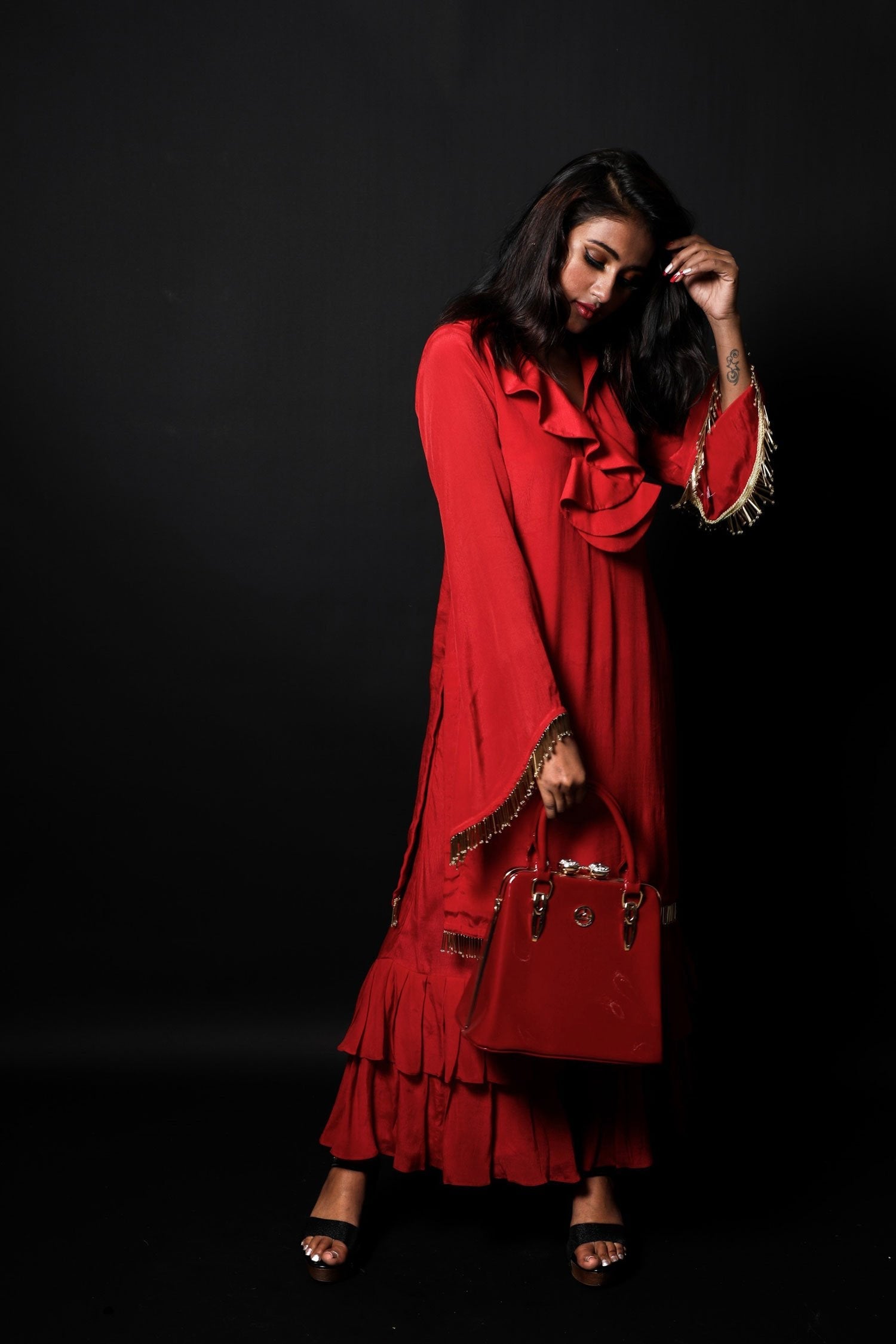 Bloody Red Color Indowestern Designer Crepe Suit Set - Antique Red - Naksheband