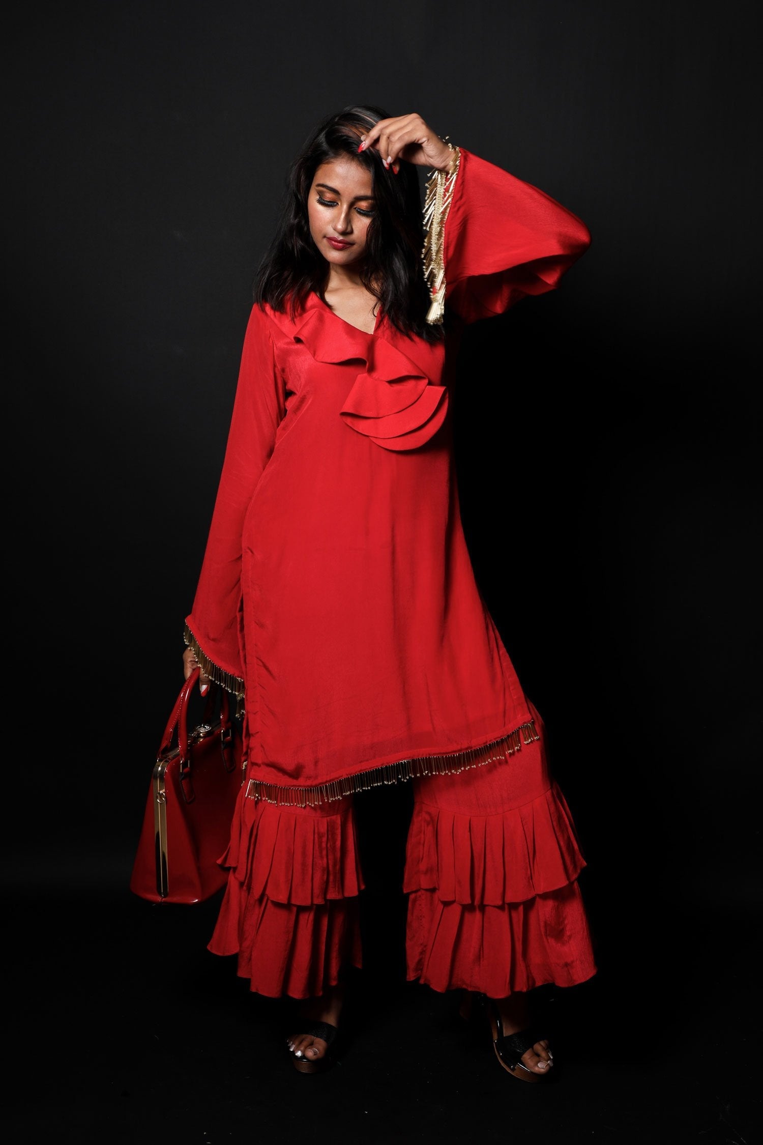 Bloody Red Color Indowestern Designer Crepe Suit Set - Antique Red - Naksheband