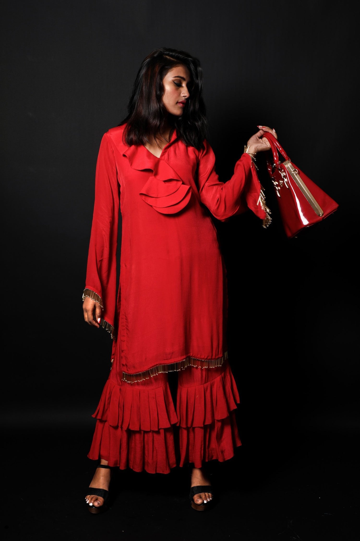 Bloody Red Color Indowestern Designer Crepe Suit Set - Antique Red - Naksheband