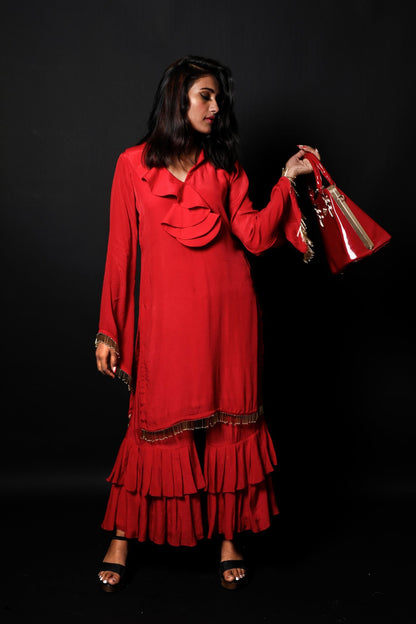 Bloody Red Color Indowestern Designer Crepe Suit Set - Antique Red - Naksheband