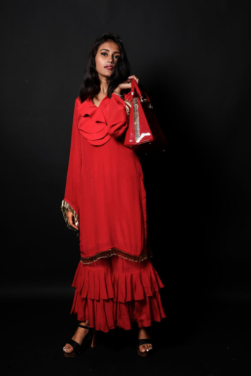 Bloody Red Color Indowestern Designer Crepe Suit Set - Antique Red - Naksheband