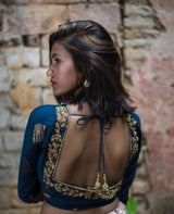 Blue Color Embroidered Pure Silk Designer blouse - Marine Hint - Naksheband