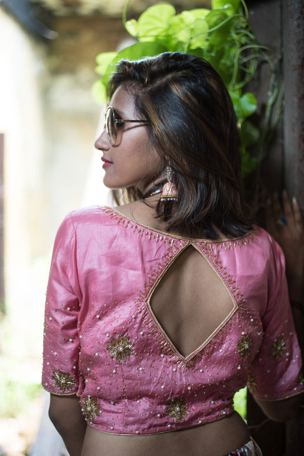 Pure Silk Embroidered Designer blouse - Summer Rose - Naksheband