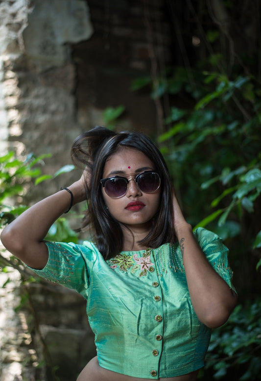 Pista Green Color Pure Silk Embroidered Designer blouse - Pistachio - Naksheband