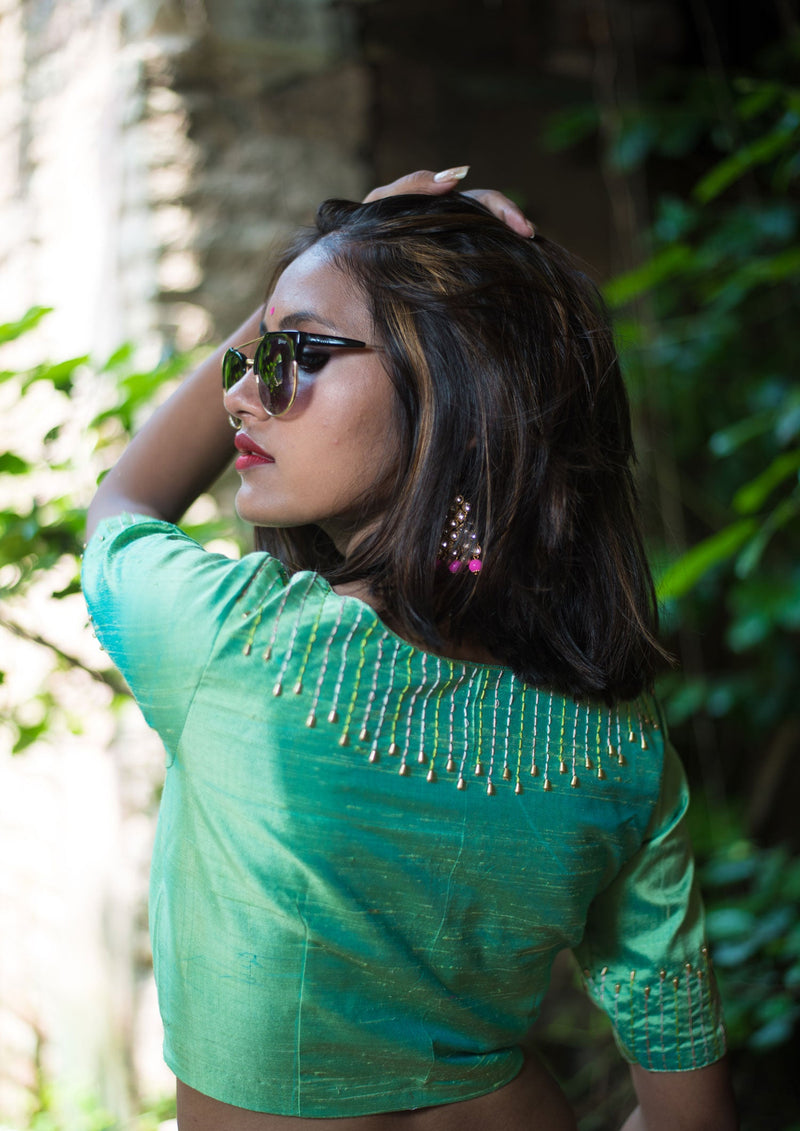 Pure Silk Embroidered Designer blouse - Pistachio - Naksheband