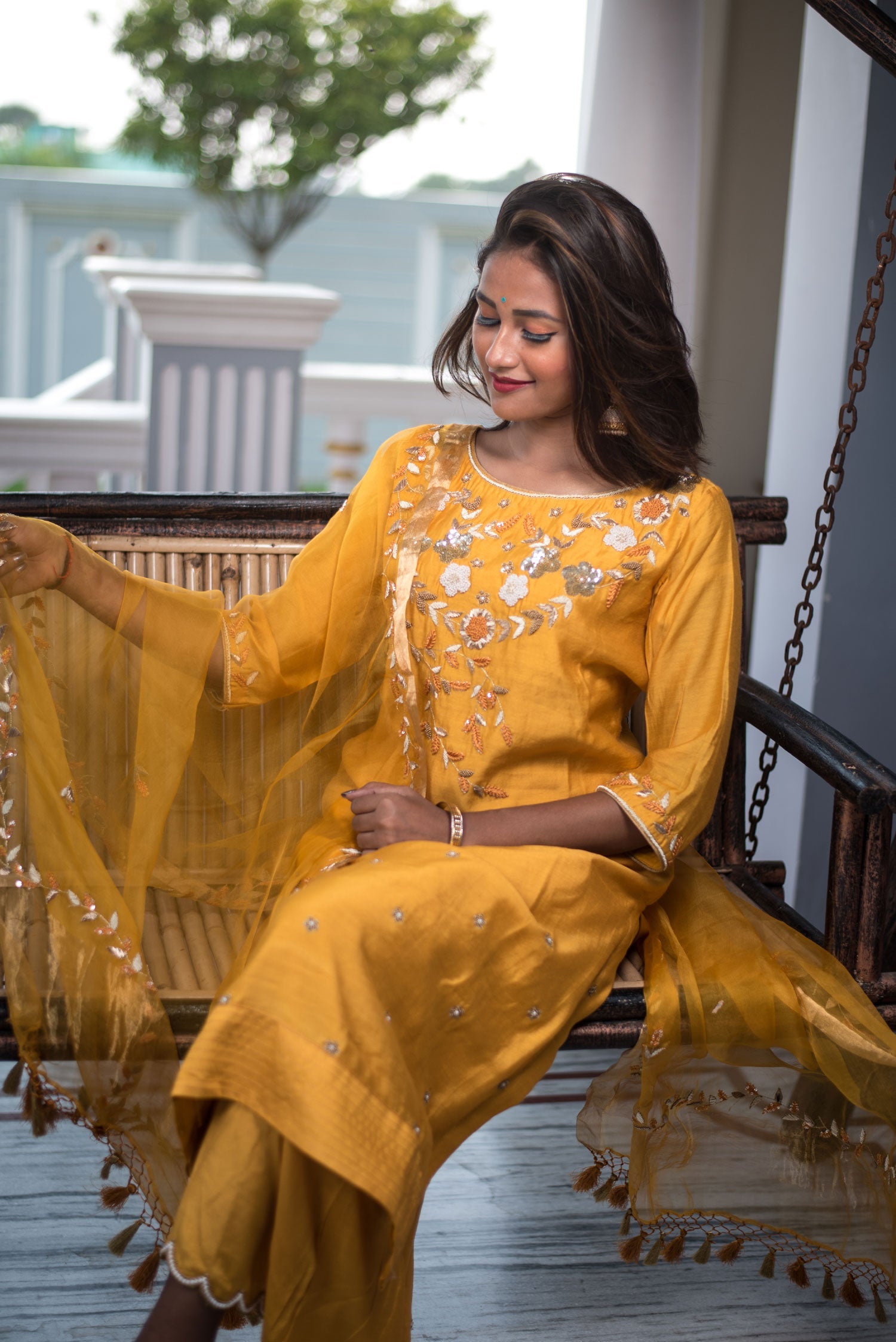 Pure Silk Chanderi Suit Set Embroidery - Amber - Naksheband