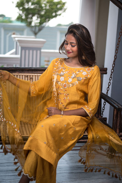 Pure Silk Chanderi Suit Set Embroidery - Amber - Naksheband