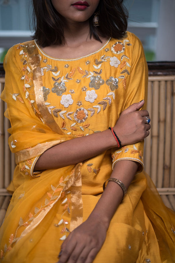 Pure Silk Chanderi Suit Set Embroidery - Amber - Naksheband