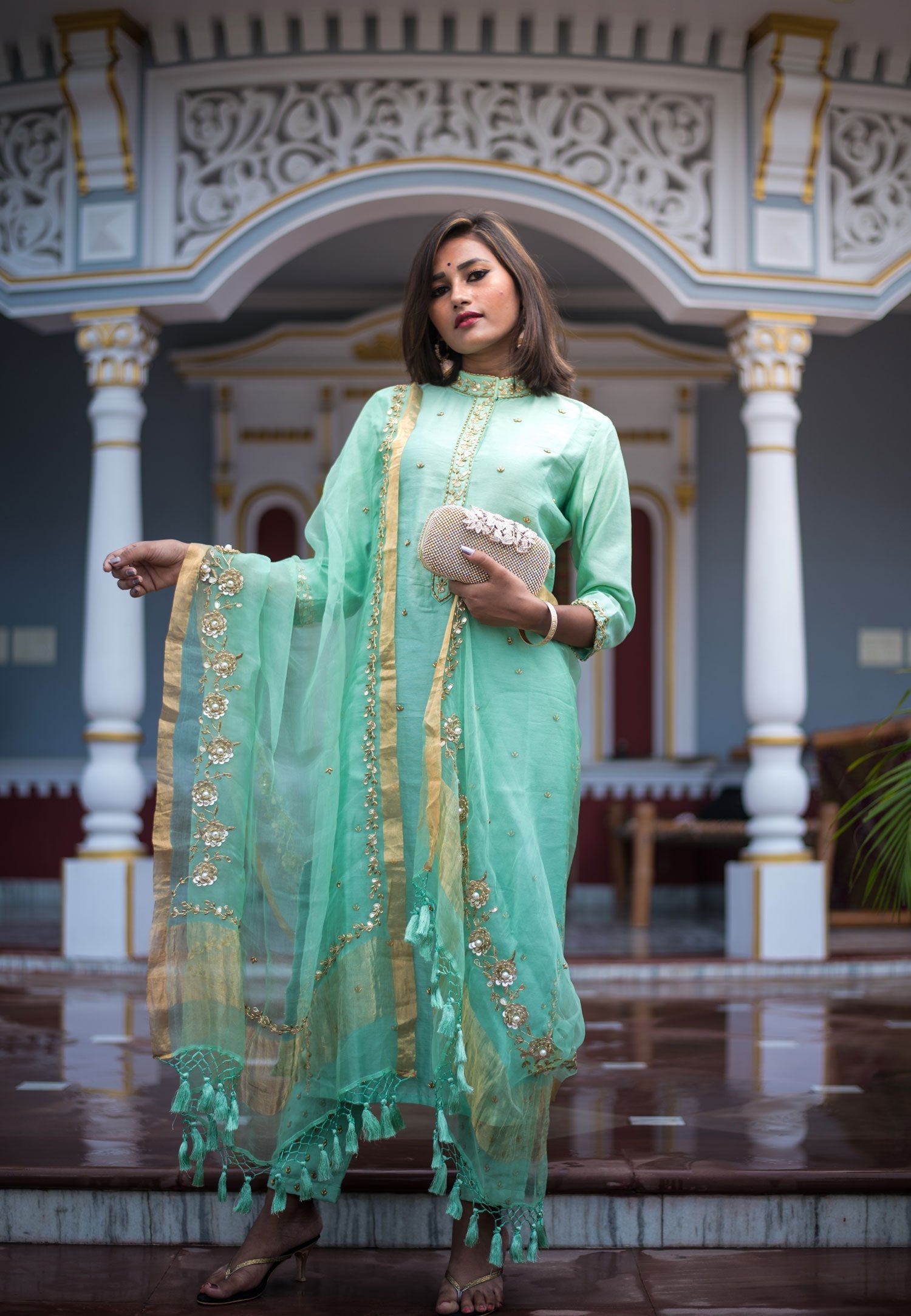Mint Green Color Pure Silk Chanderi Suit Set Embroidery - Misty Teal - Naksheband