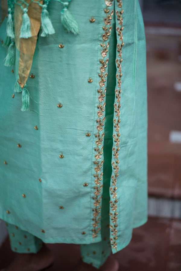 Mint Green Color Pure Silk Chanderi Suit Set Embroidery - Misty Teal - Naksheband