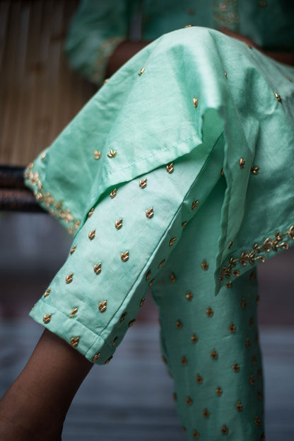 Mint Green Color Pure Silk Chanderi Suit Set Embroidery - Misty Teal - Naksheband