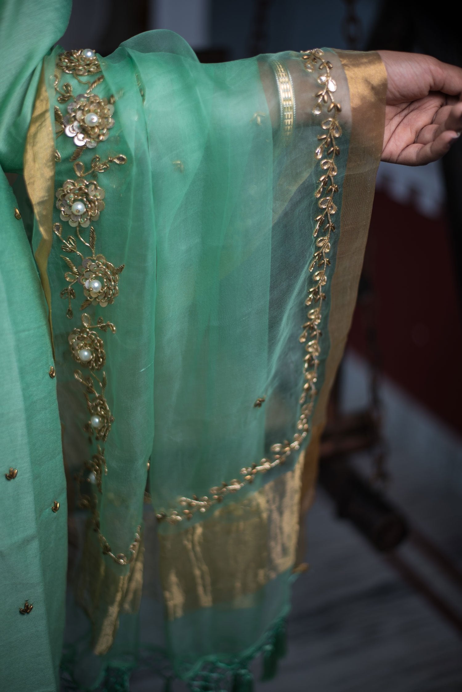 Mint Green Color Pure Silk Chanderi Suit Set Embroidery - Misty Teal - Naksheband
