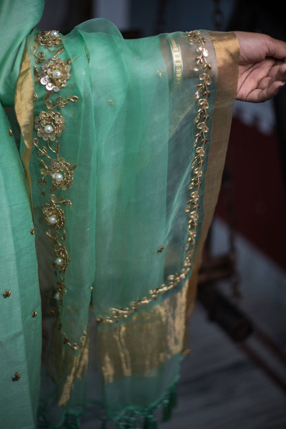 Mint Green Color Pure Silk Chanderi Suit Set Embroidery - Misty Teal - Naksheband