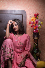 Pure Silk Chanderi Suit Set Embroidery - Bubble Gum - Naksheband