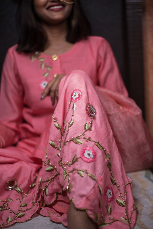 Pure Silk Chanderi Suit Set Embroidery - Bubble Gum - Naksheband