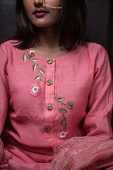 Pure Silk Chanderi Suit Set Embroidery - Bubble Gum - Naksheband