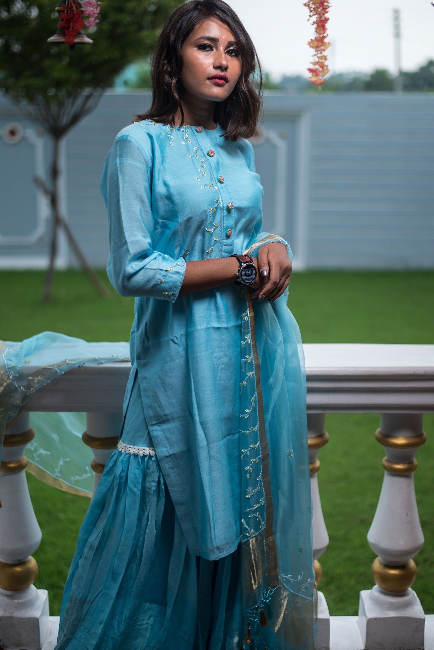 Blue Color Silk Chanderi Suit Set Designer - Carolina - Naksheband