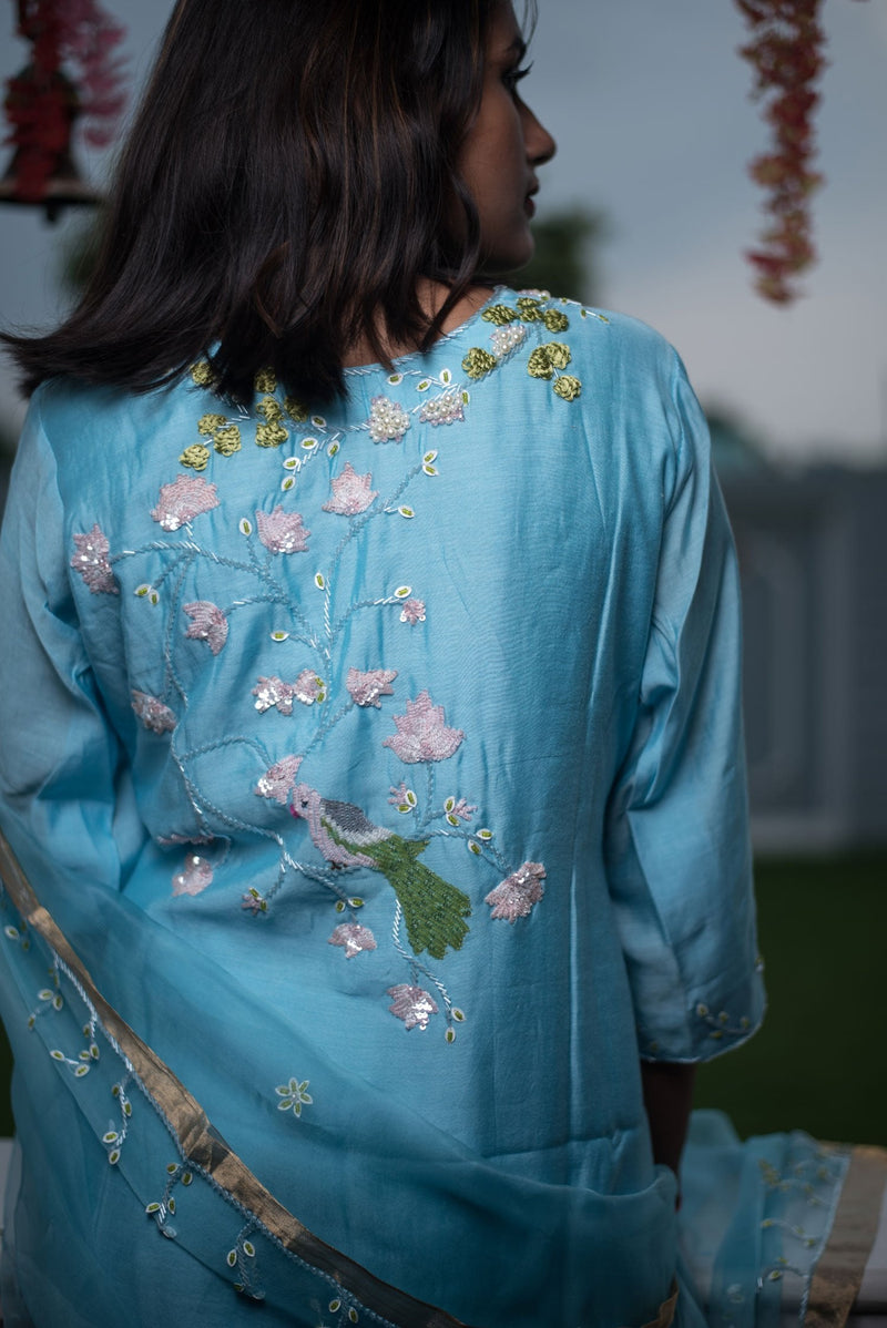 Blue Color Silk Chanderi Suit Set Designer - Carolina - Naksheband