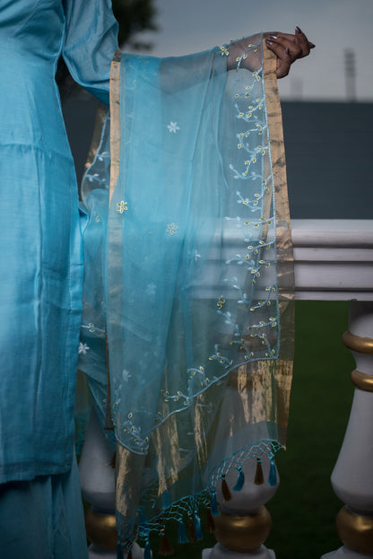 Blue Color Silk Chanderi Suit Set Designer - Carolina - Naksheband