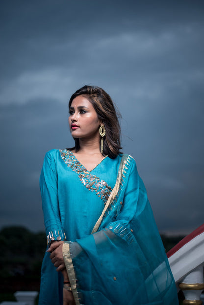 Blue Color Pure Silk Chanderi Suit Set Embroidery - Slashy Slay - Naksheband