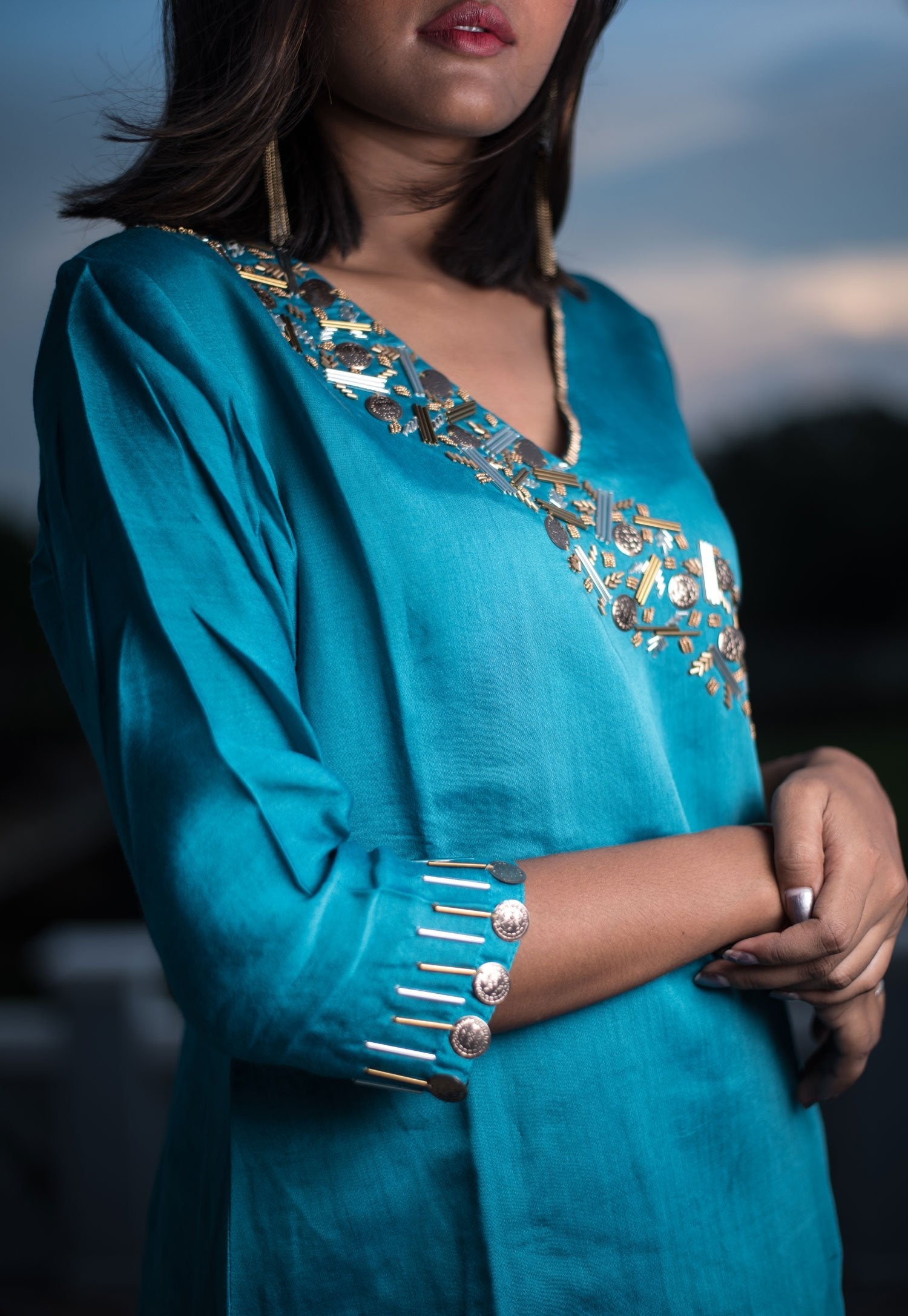 Blue Color Pure Silk Chanderi Suit Set Embroidery - Slashy Slay - Naksheband