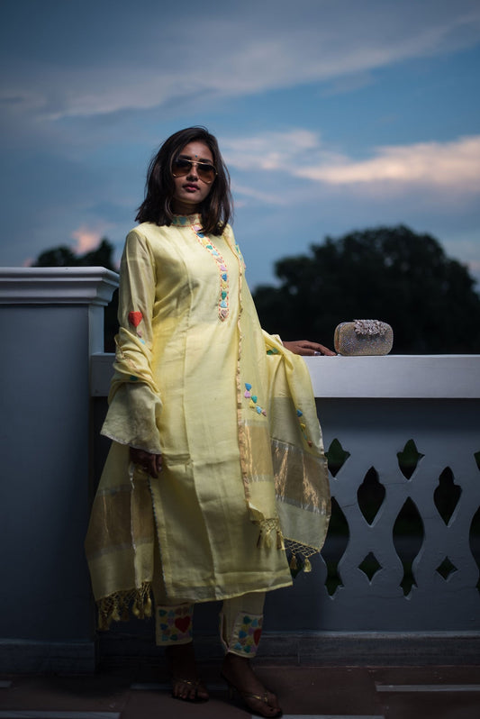 Lemon Color Pure Silk Chanderi Suit Set Embroidery - Coastal Cabana - Naksheband