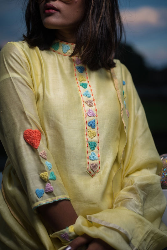 Lemon Color Pure Silk Chanderi Suit Set Embroidery - Coastal Cabana - Naksheband
