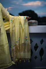 Lemon Color Pure Silk Chanderi Suit Set Embroidery - Coastal Cabana - Naksheband