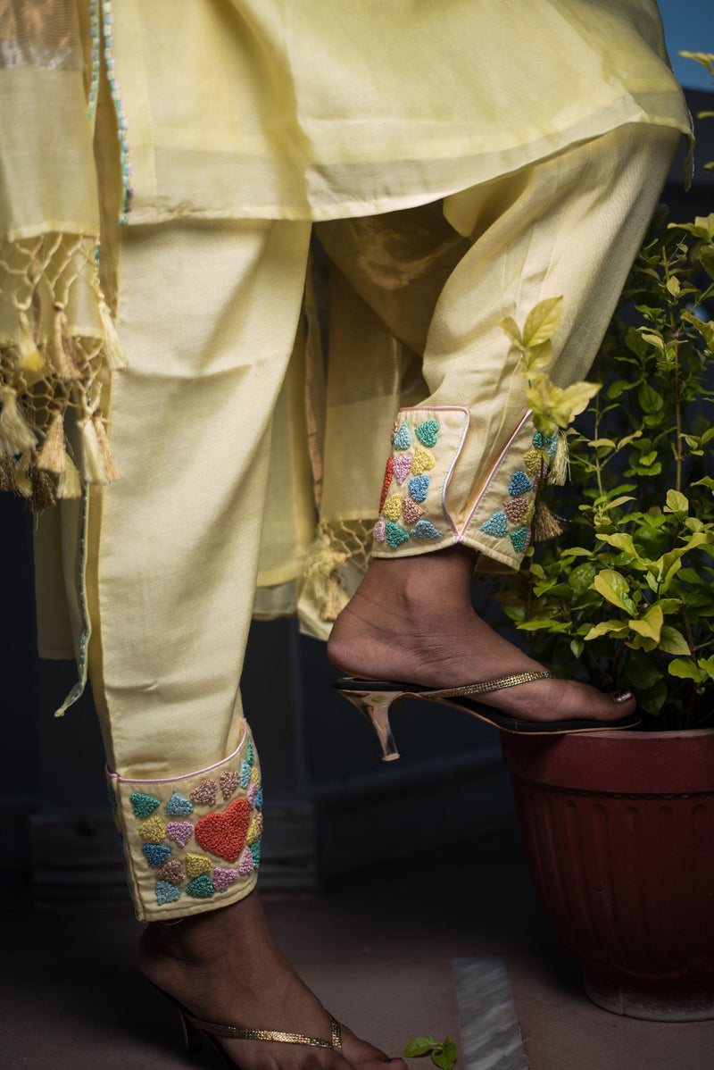 Lemon Color Pure Silk Chanderi Suit Set Embroidery - Coastal Cabana - Naksheband