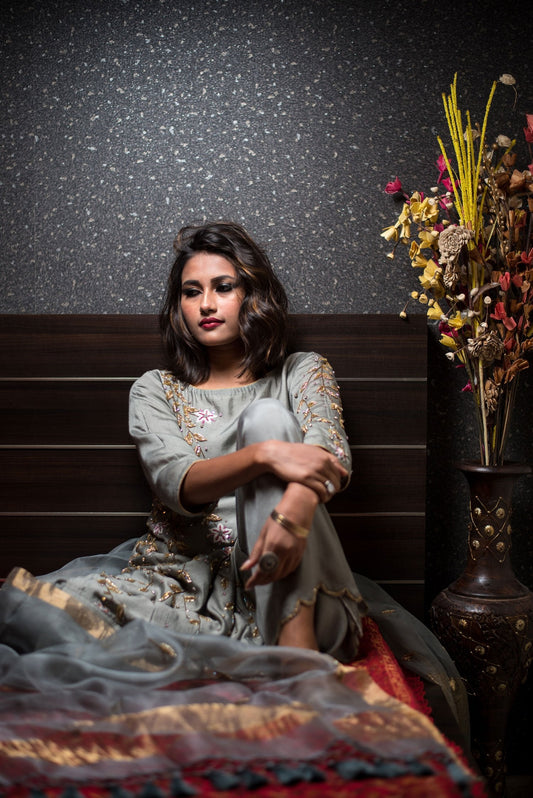 Grey Color Pure Silk Chanderi Suit Set Designer Embroidery - Ellie - Naksheband