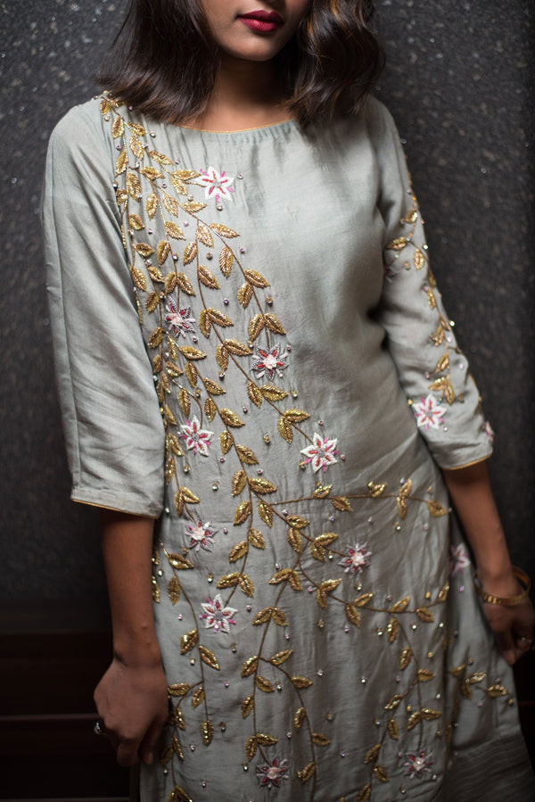 Grey Color Pure Silk Chanderi Suit Set Designer Embroidery - Ellie - Naksheband