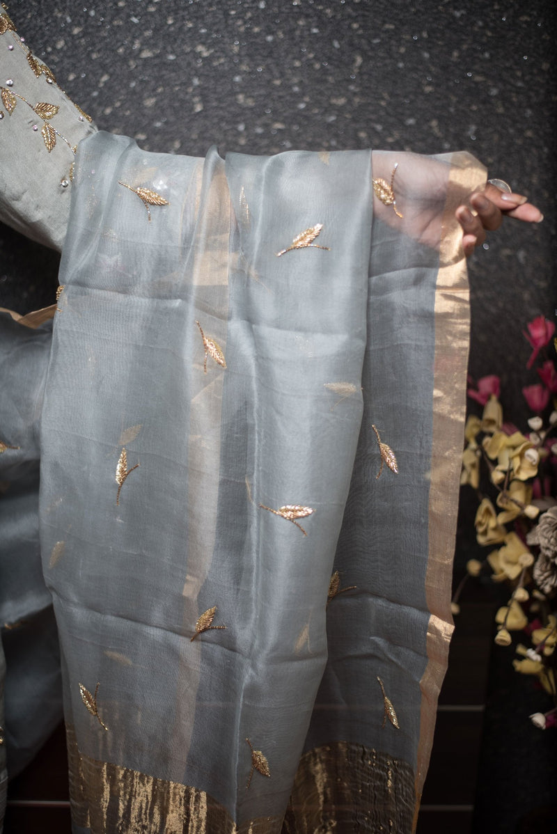 Grey Color Pure Silk Chanderi Suit Set Designer Embroidery - Ellie - Naksheband