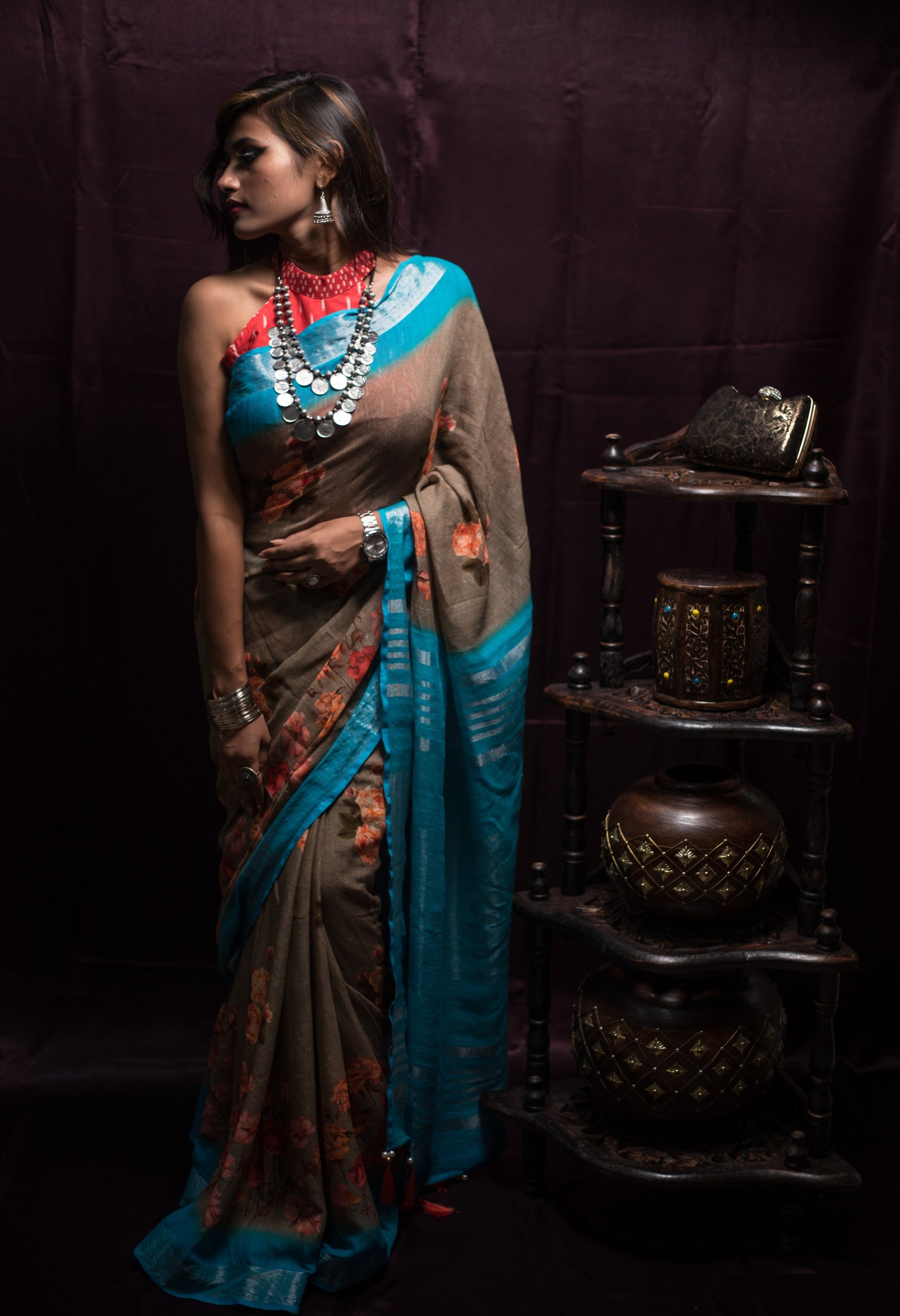 Sky Blue Designer Printed Pure Cotton Linen Saree - Cerulene - Naksheband