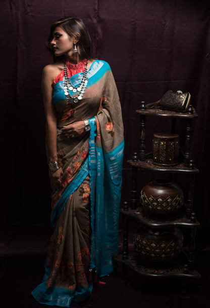 Sky Blue Designer Printed Pure Cotton Linen Saree - Cerulene - Naksheband