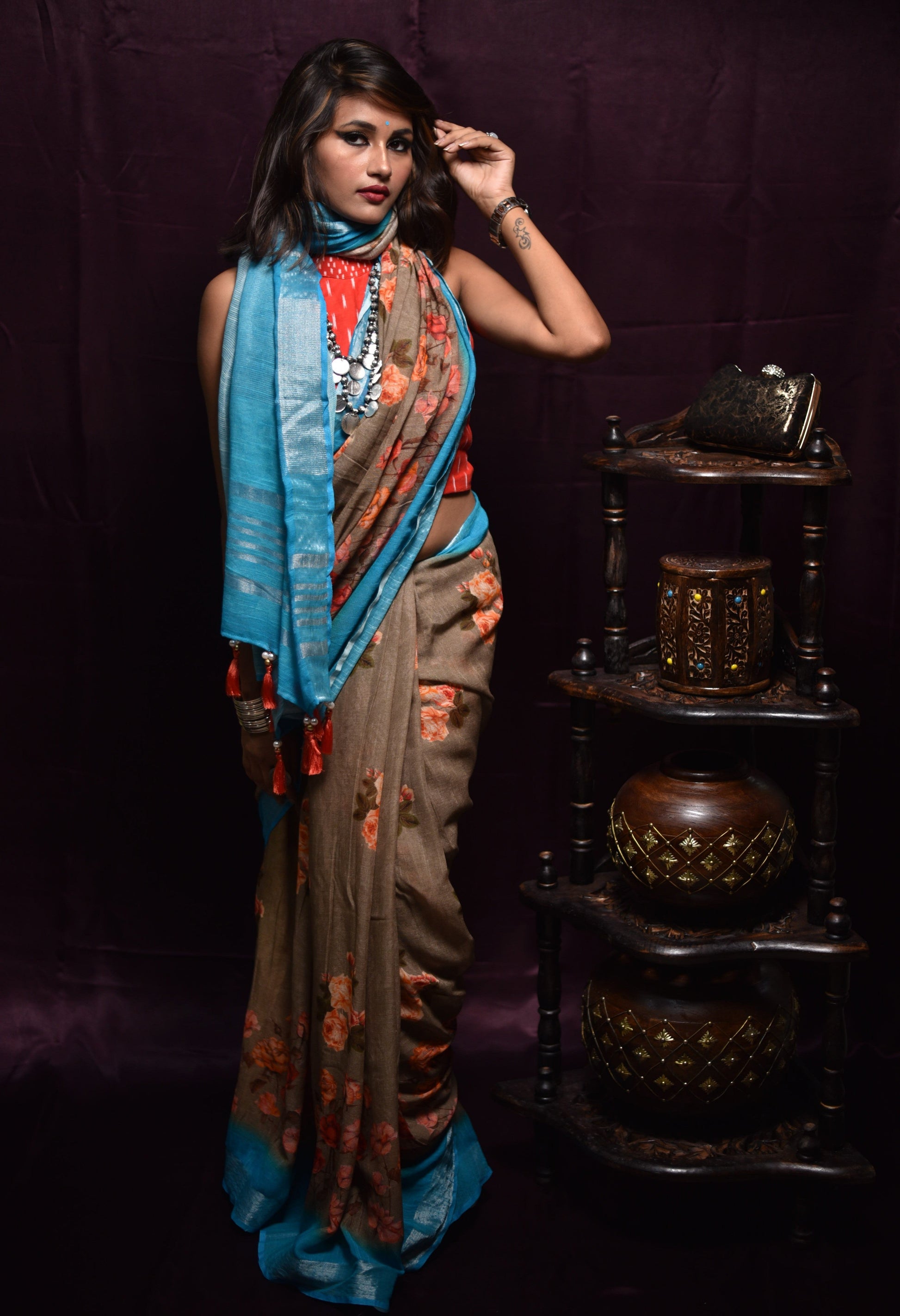 Sky Blue Designer Printed Pure Cotton Linen Saree - Cerulene - Naksheband