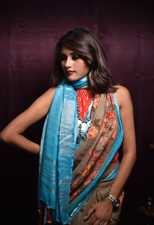 Sky Blue Designer Printed Pure Cotton Linen Saree - Cerulene