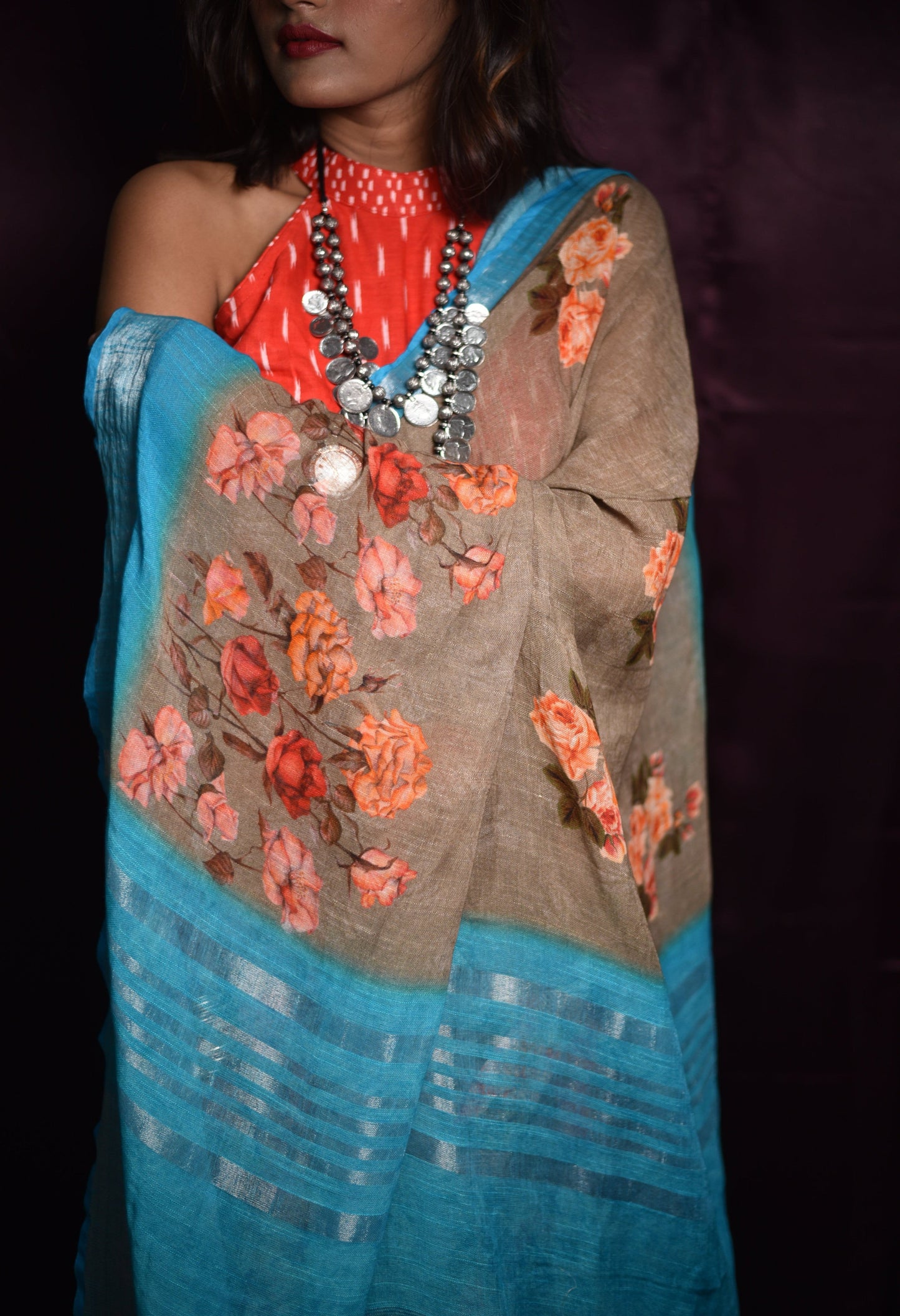 Sky Blue Designer Printed Pure Cotton Linen Saree - Cerulene - Naksheband