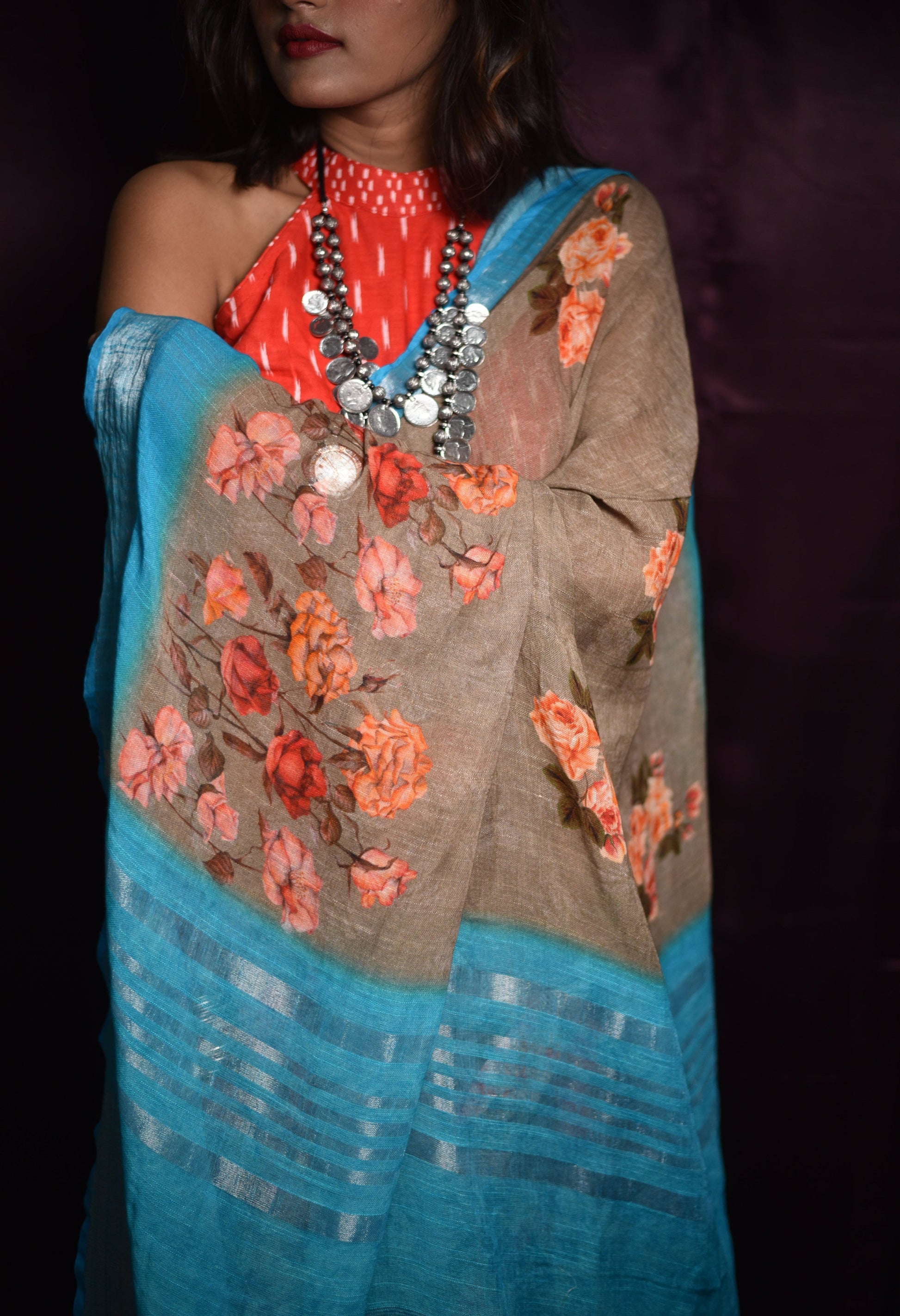 Sky Blue Designer Printed Pure Cotton Linen Saree - Cerulene - Naksheband