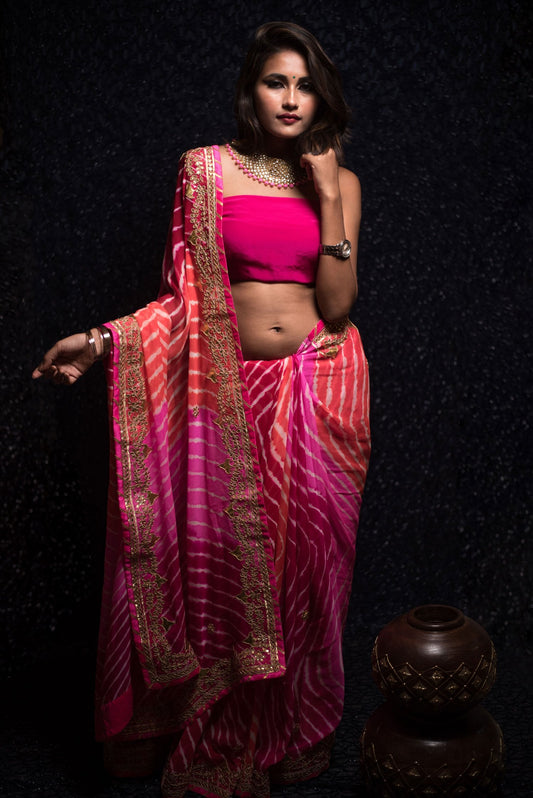 Red And Pink Color Pure Bandhage Saree - Atomic Pink - Naksheband