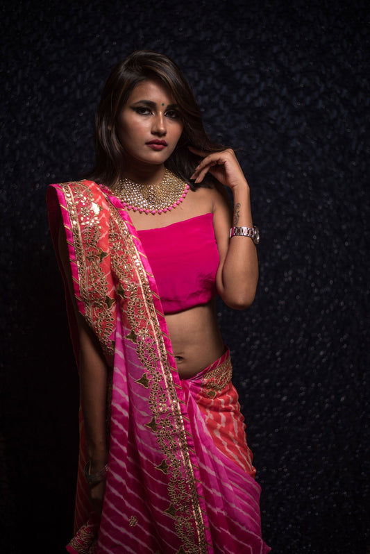Red And Pink Color Pure Bandhage Saree - Atomic Pink - Naksheband
